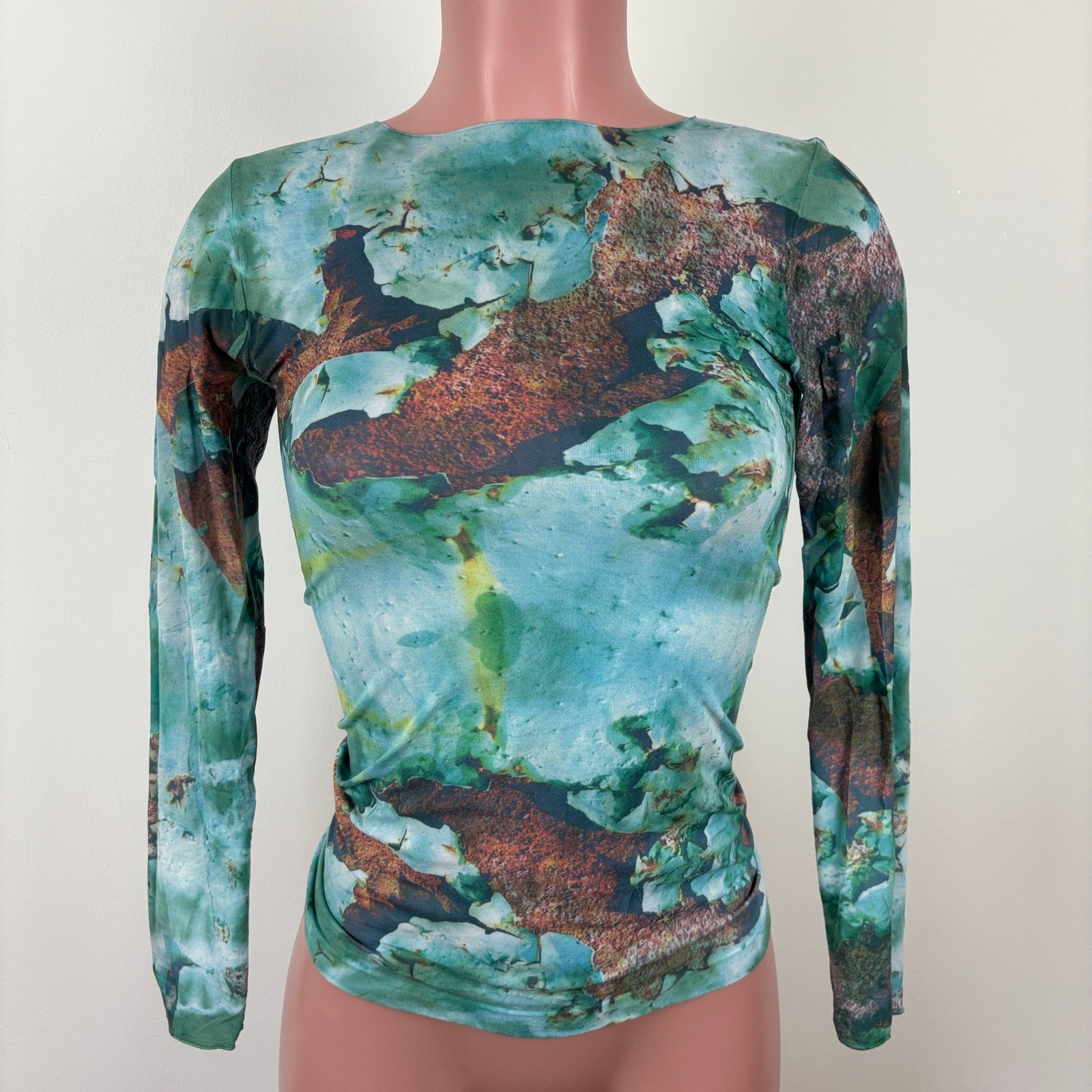 AMB second skin mesh top semi sheer green blue One Size tie dye