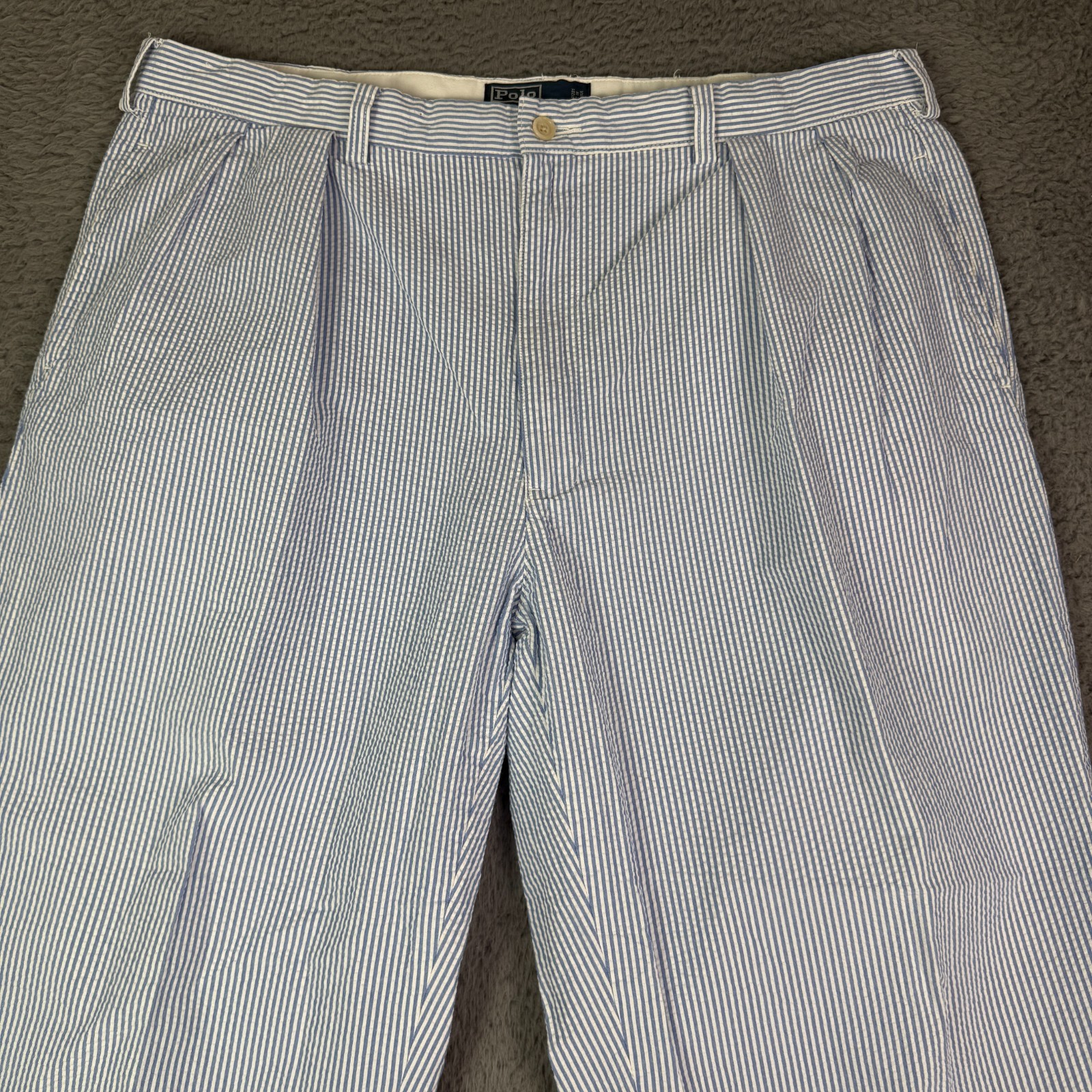 Vintage Polo Ralph Lauren Seersucker Pants Mens 40×30 Blue Striped Pleated