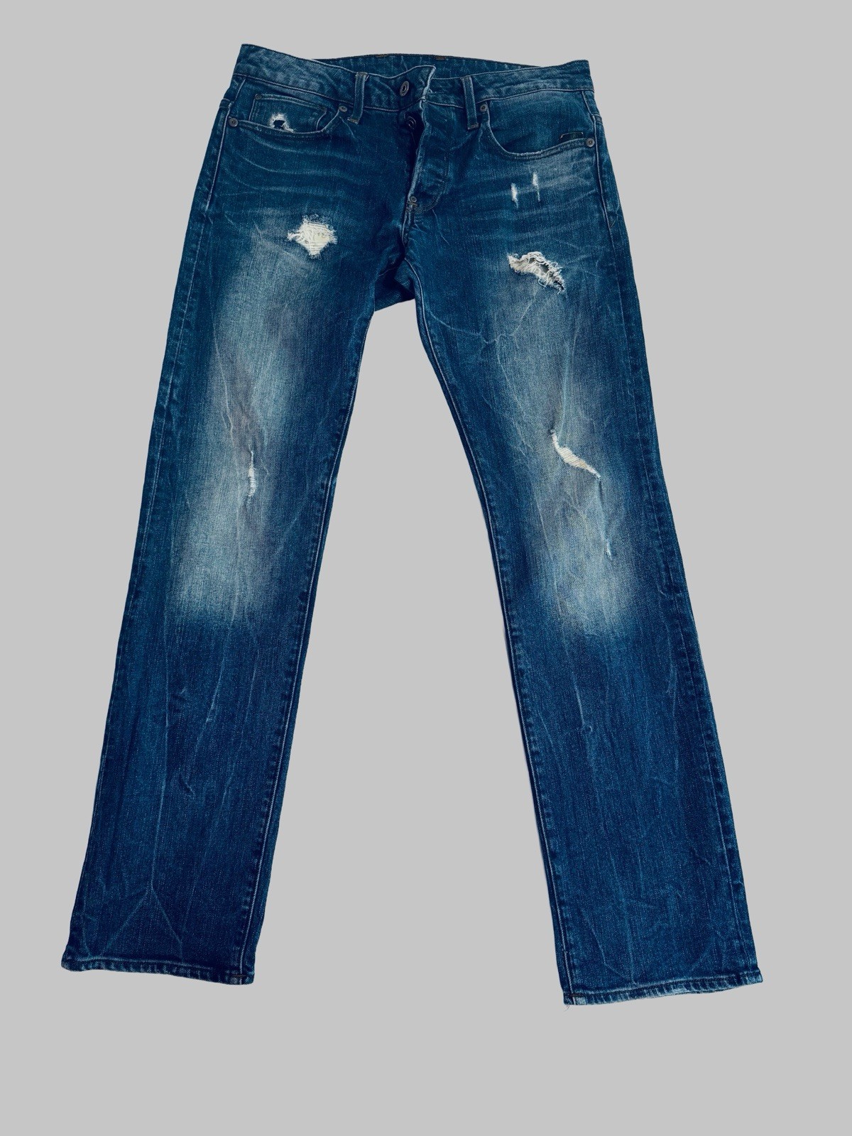 G-Star RAW Men’s Straight Blue Denim Jeans Distressed 5-Pocket Logo