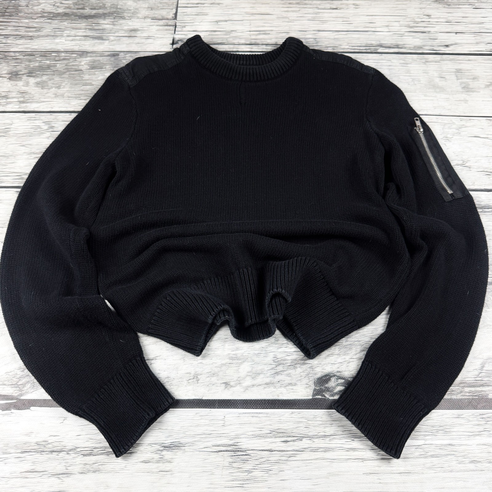 Mens Vintage Black Knit Sweater Zip Pocket Sleeve Minimalist Military Jumper