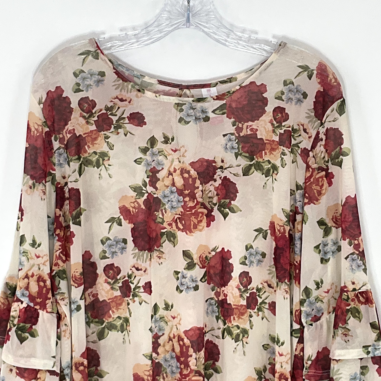 No Boundaries Top Women 3XL Floral Multicolor Mesh Semi Sheer 3/4 Sleeve Ruffle