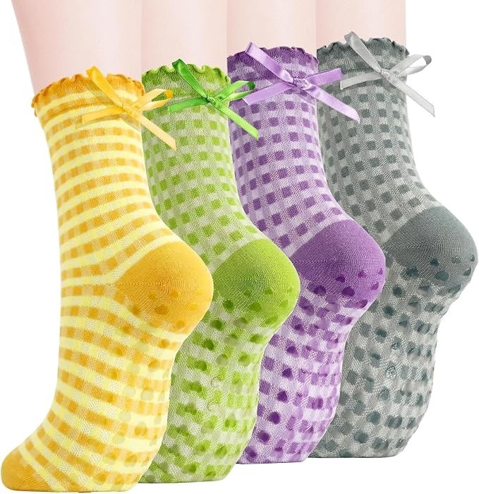4 Pairs Women Cute Pilates Socks Non Slip Ruffle Yoga Socks with Bow for Women D