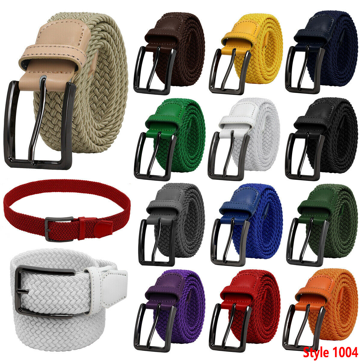 Falari Silver Black Buckle Braided Stretch Belt Canvas Fabric Woven Elastic Belt