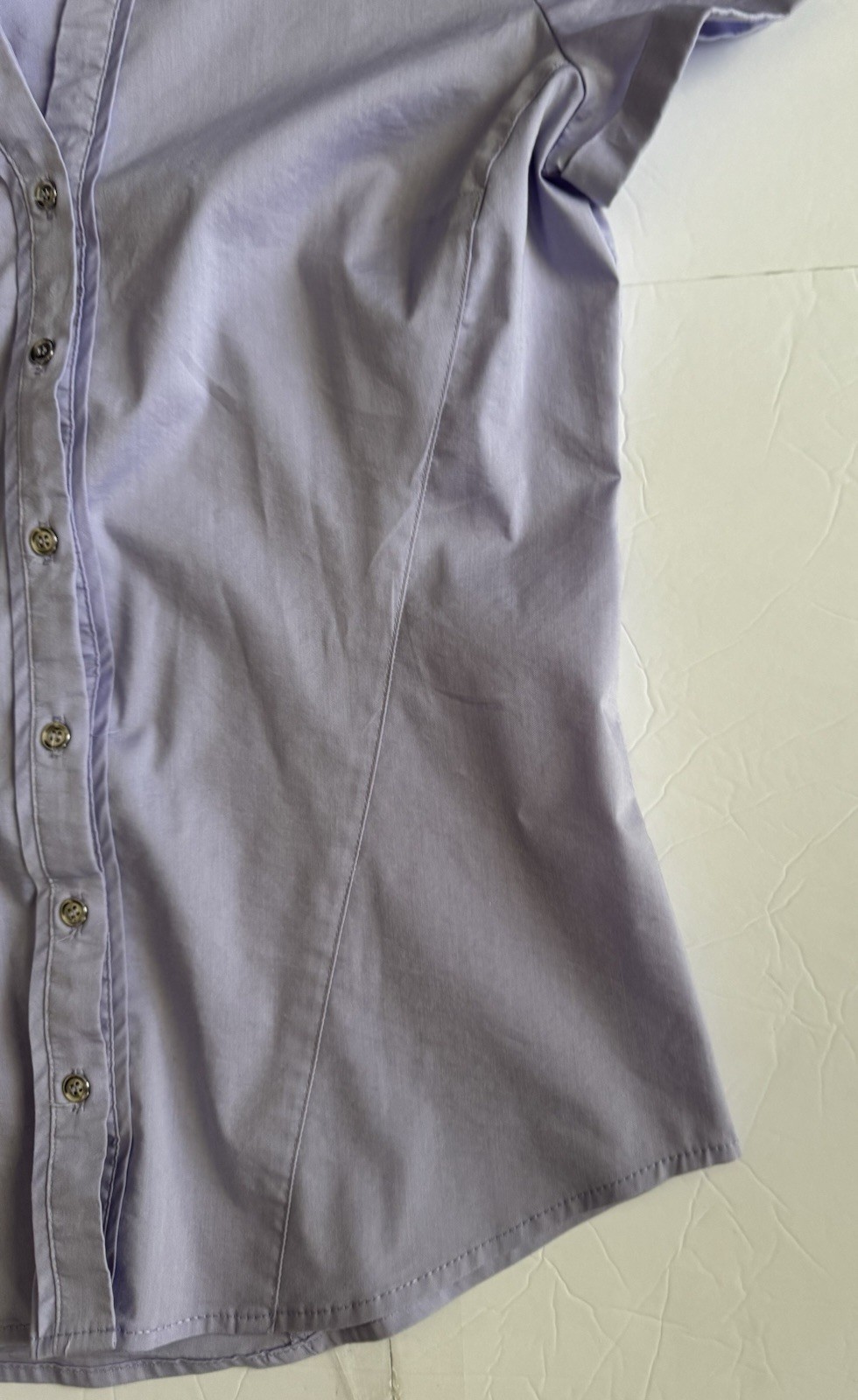 7th Avenue NYC S Lavender Button Front Blouse Top Stretch Work Shirt Short Sleev