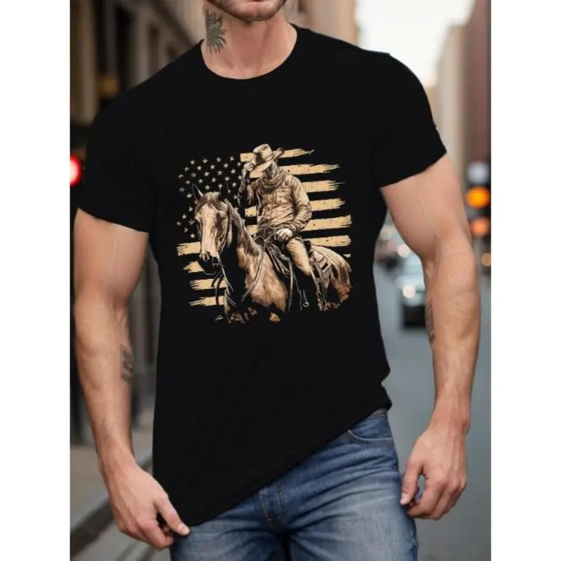 Mens Cowboy On Horse T-Shirt Made In USA Vintage Western Summer Knit Tee