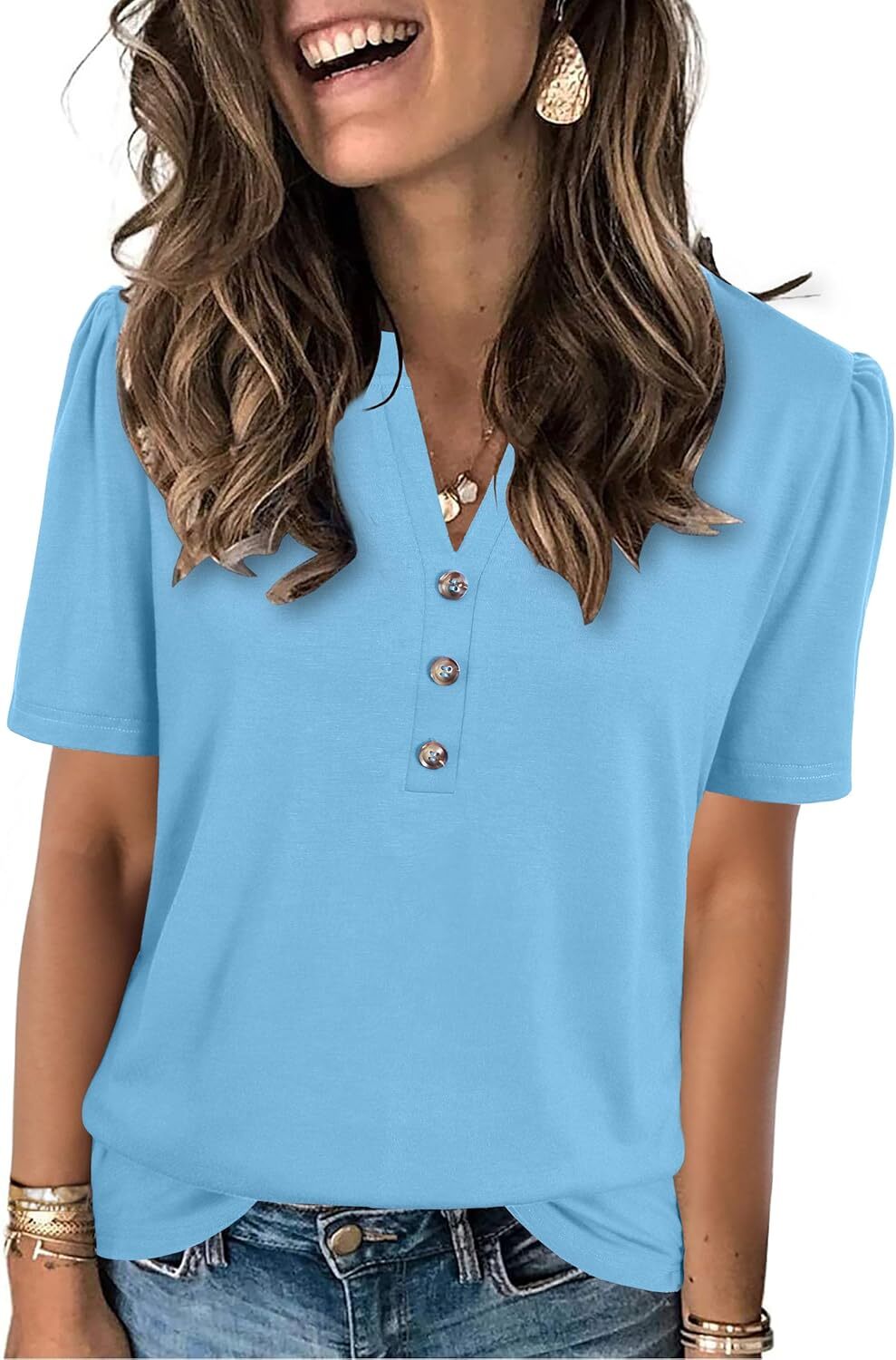 Short Sleeve Womens Casual Shirt Loose Fit V Neck Summer Top Soft Breathable