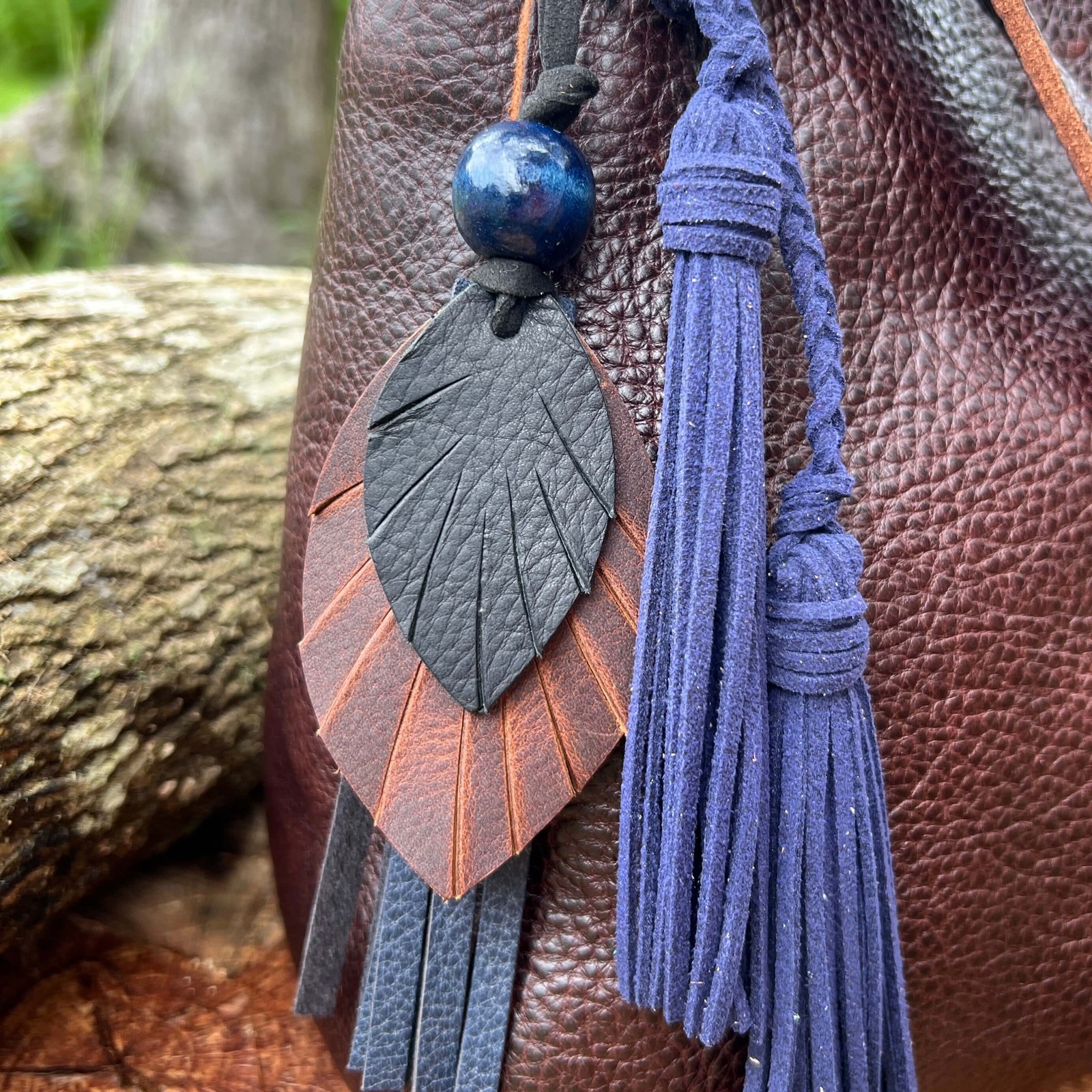 Leather Feather Tassel Bag Charm – Black, Brown and Navy