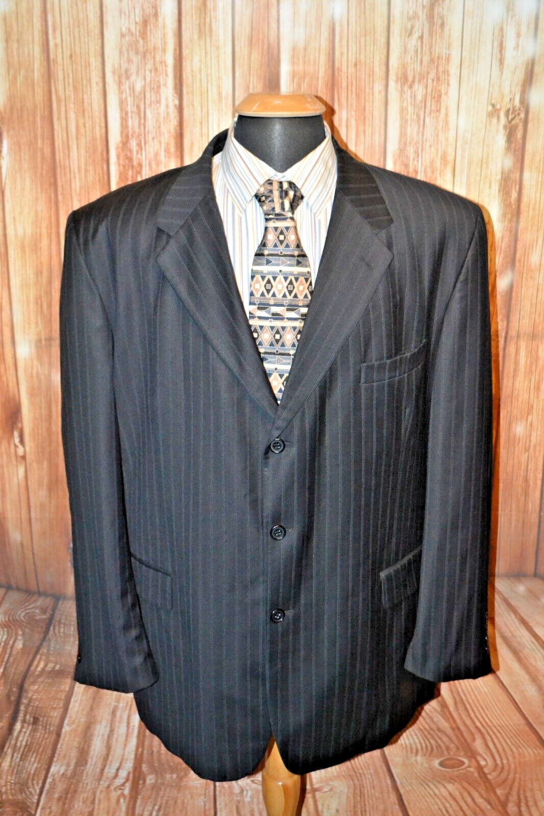 Lineage Men Black Super 120 Wool Stripe 3 Front Button Suit Sz 48R Wst 40×28