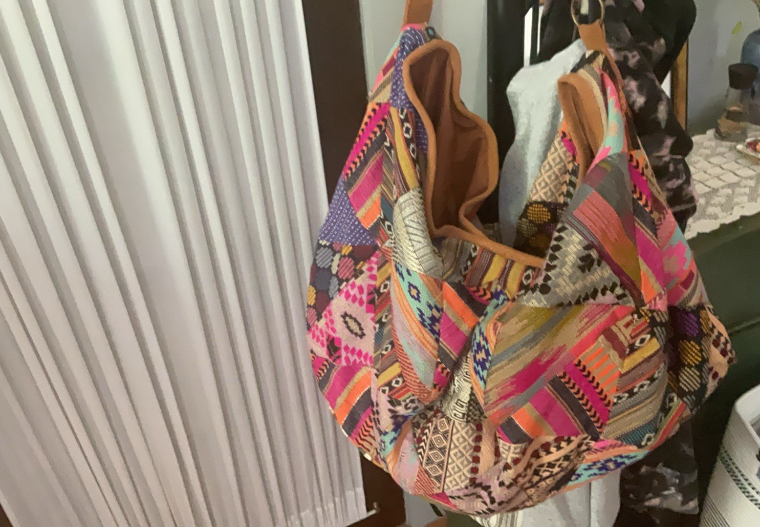 Women’s Multicolor Geometric Tribal Shoulder Bag with Tan Shoulder Strap