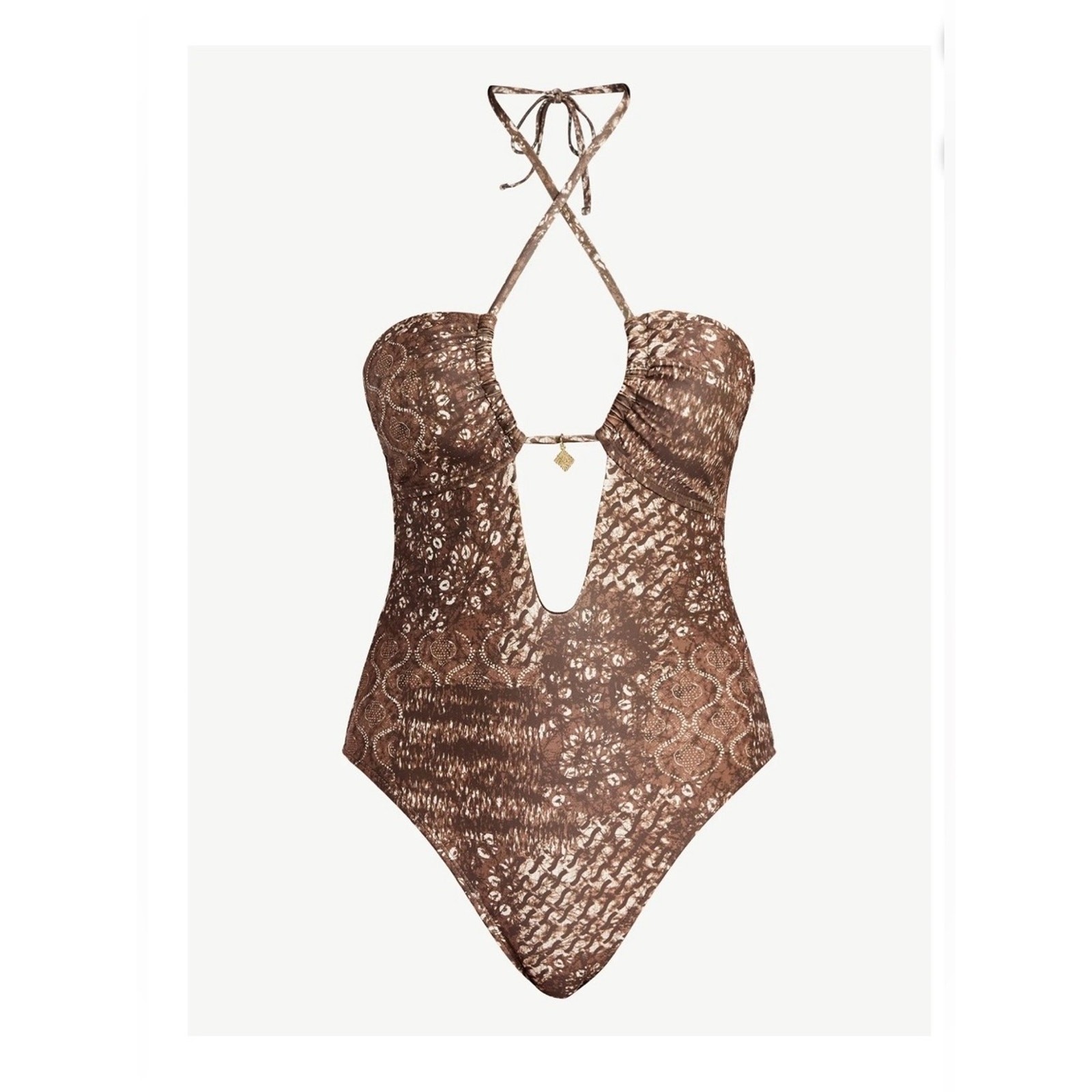 NWT No Boundaries Brown Animal One Piece Swimsuit Halter Charm High Leg Women’s