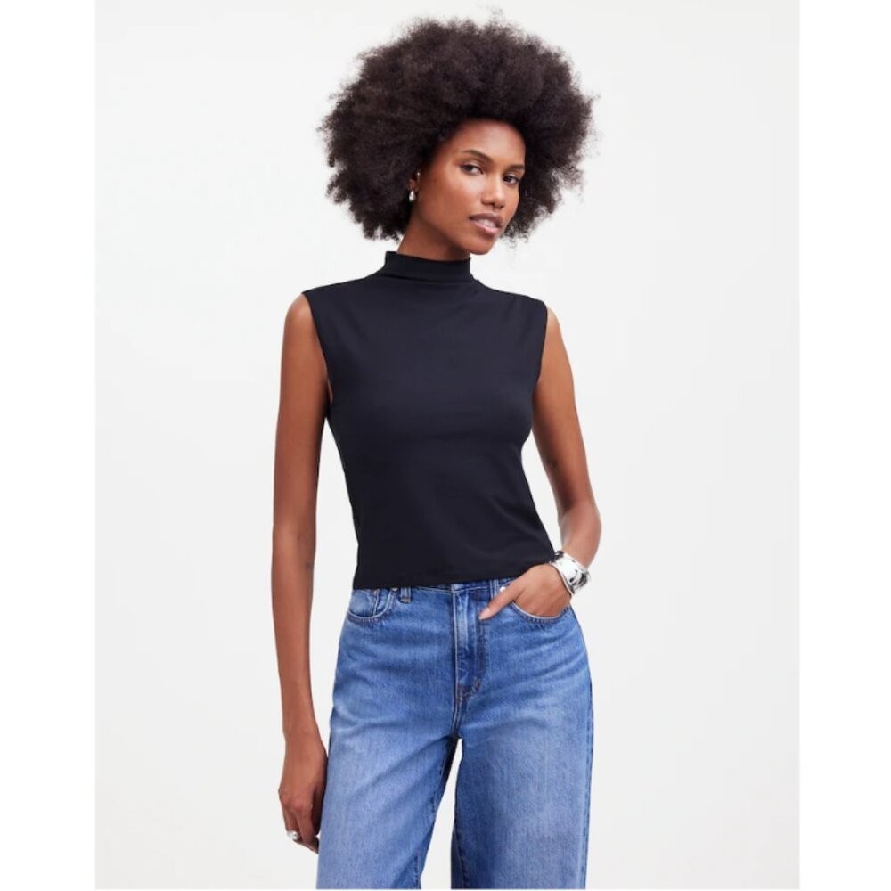 Madewell Funnel Neck TEE Black XXS Cropped Muscle Tee Tank Stretch NWT
