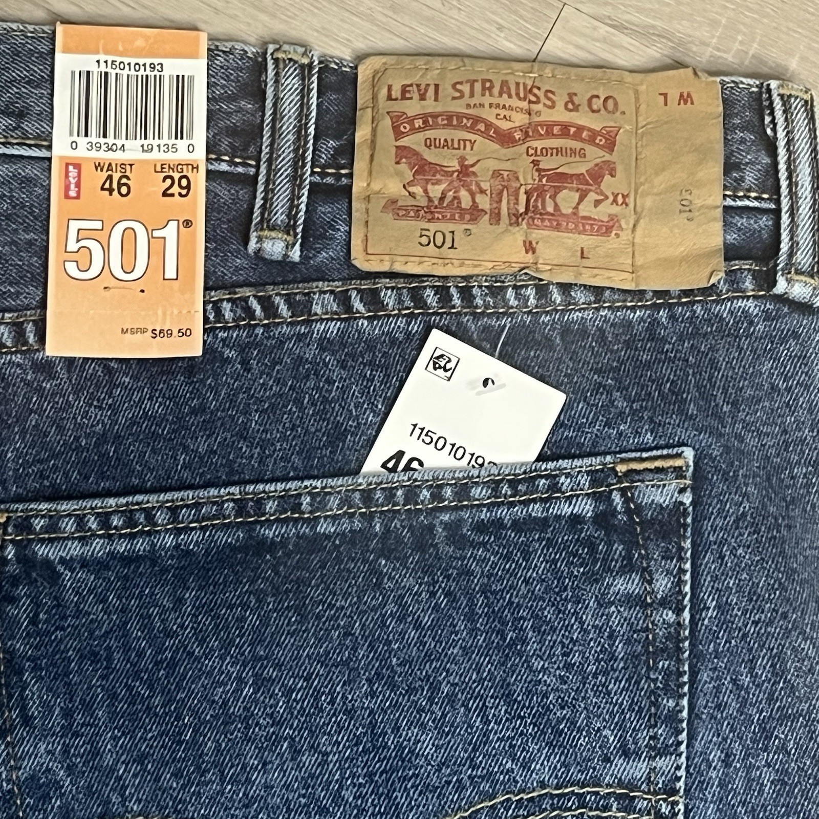 Levis 501 Shrink To Fit Button Fly Jeans Straight Leg Color Blue Rigid 46 x 29