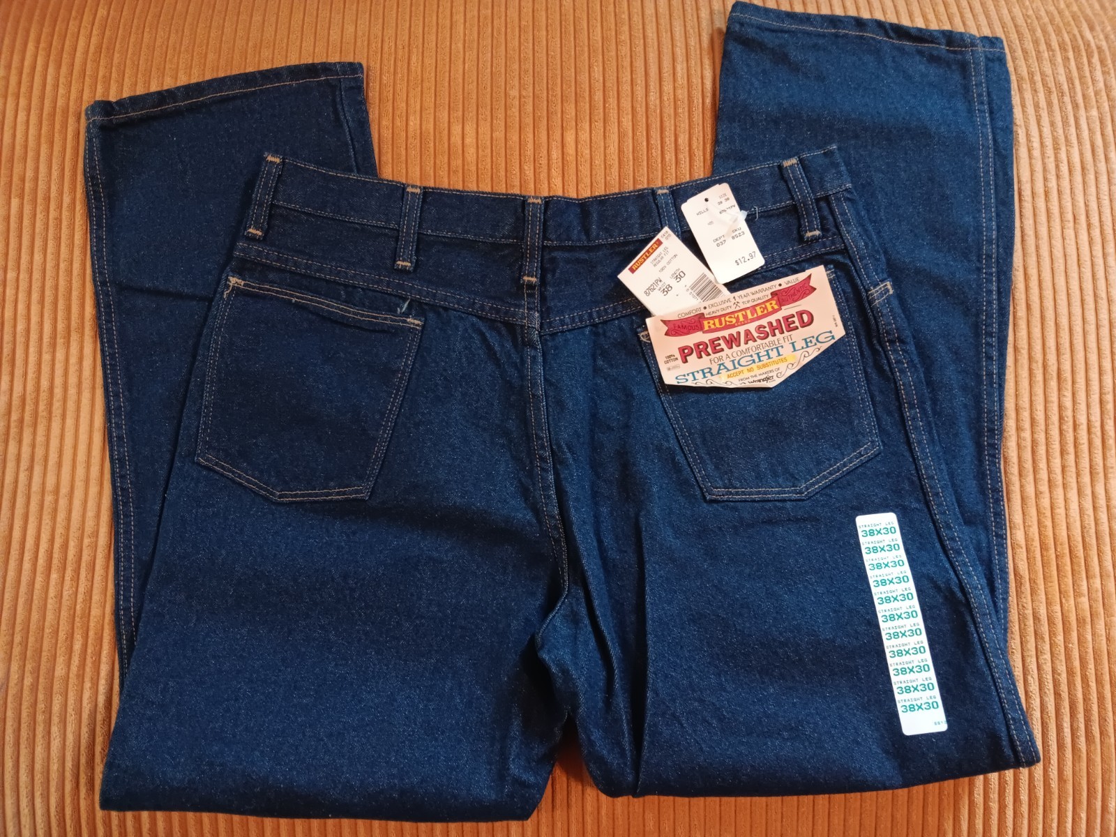 VINTAGE Rustler By Wrangler Straight Jeans Mens 38×30 Blue Reg Fit Workwear NWT