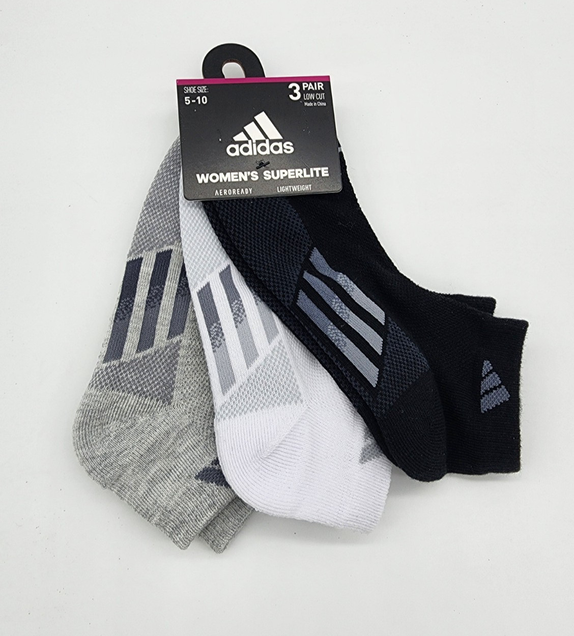3 Pair Adidas Superlite Low Cut Socks, Women’s Shoe Size 5-10, Black White Gray