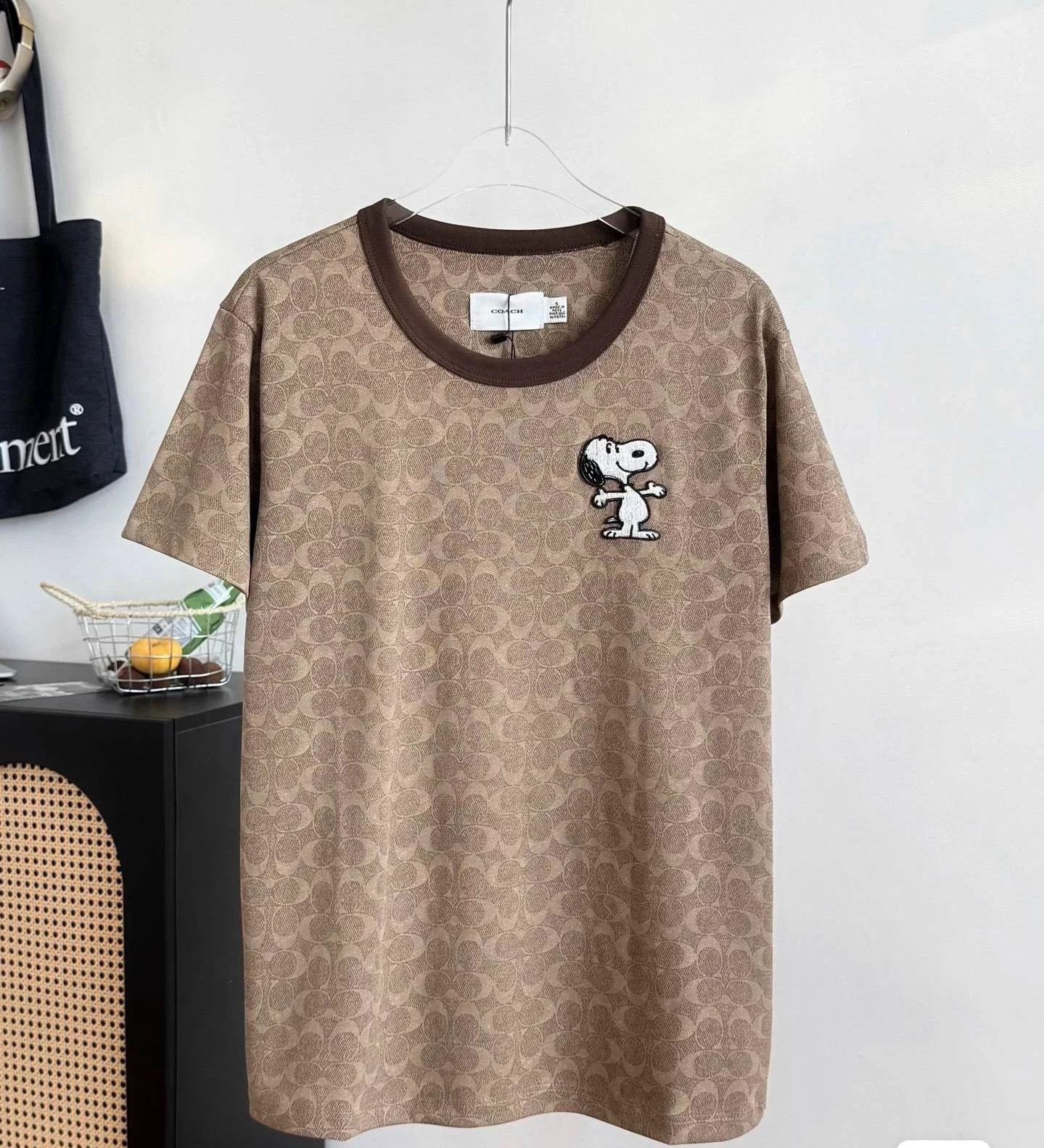 NWT COACH Women’s Unisex Brown full printed Embroidered Snoopy T-shirt COTTON
