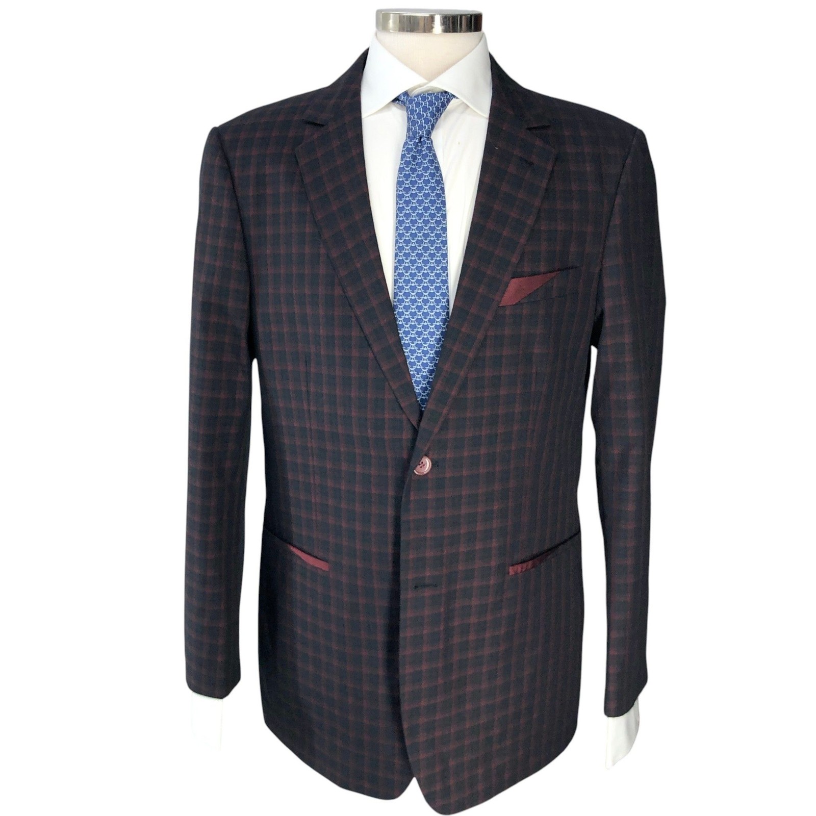 Lineage Suit Mens 42R Black Red Windowpane Check Two Piece Tailored Jacket Pants