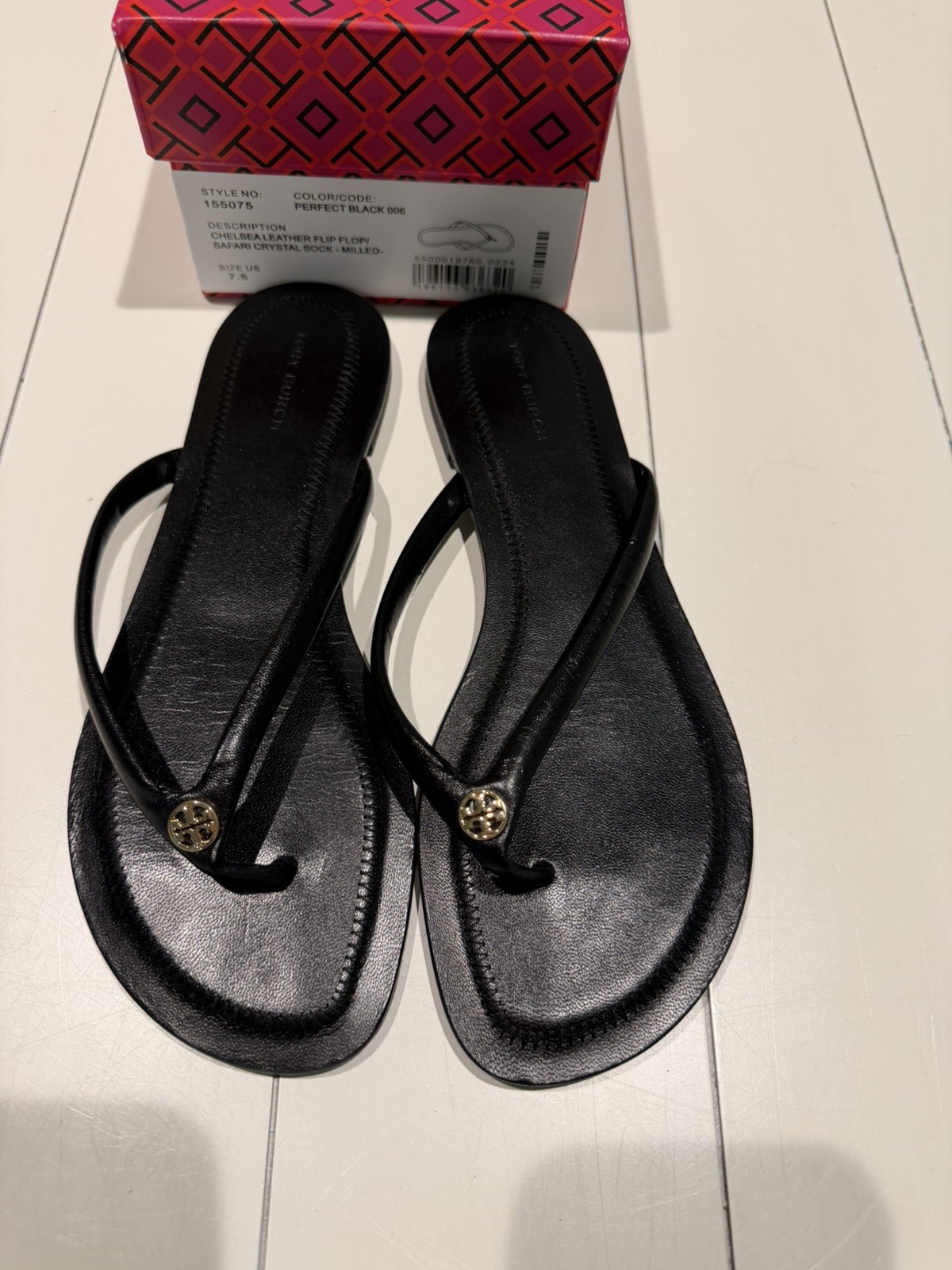 TORY BURCH Chelsea Safari Crystal Sock Black Leather Flip Flops w/box 7.5
