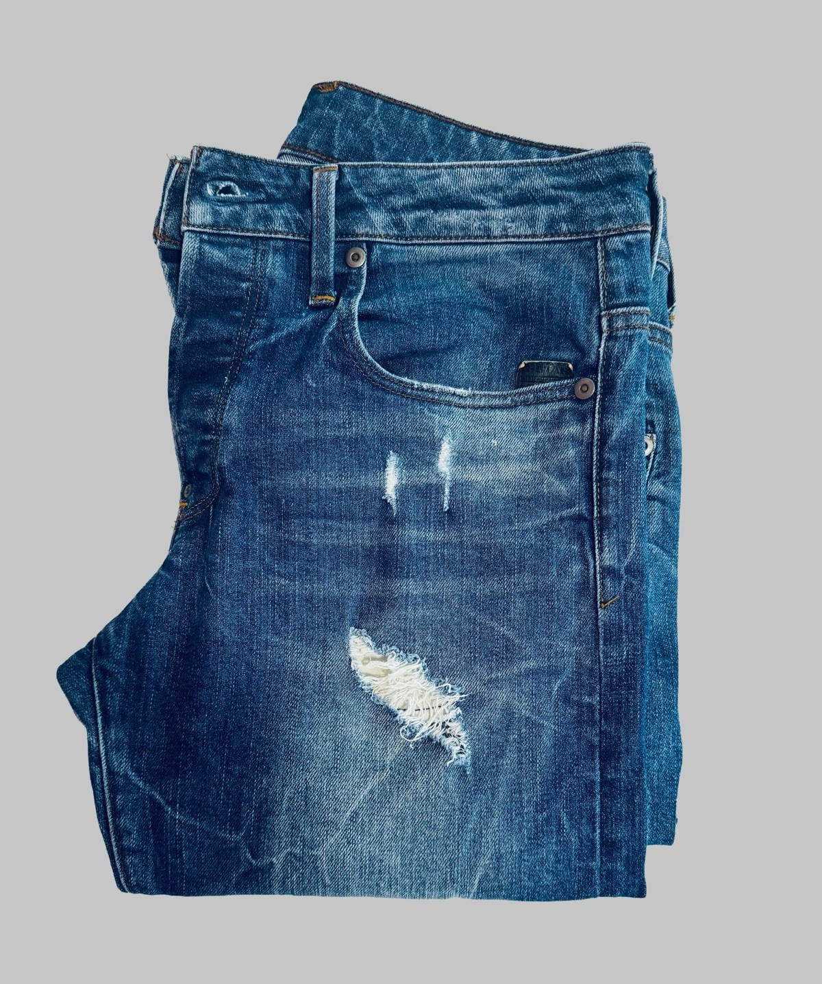 G-Star RAW Men’s Straight Blue Denim Jeans Distressed 5-Pocket Logo
