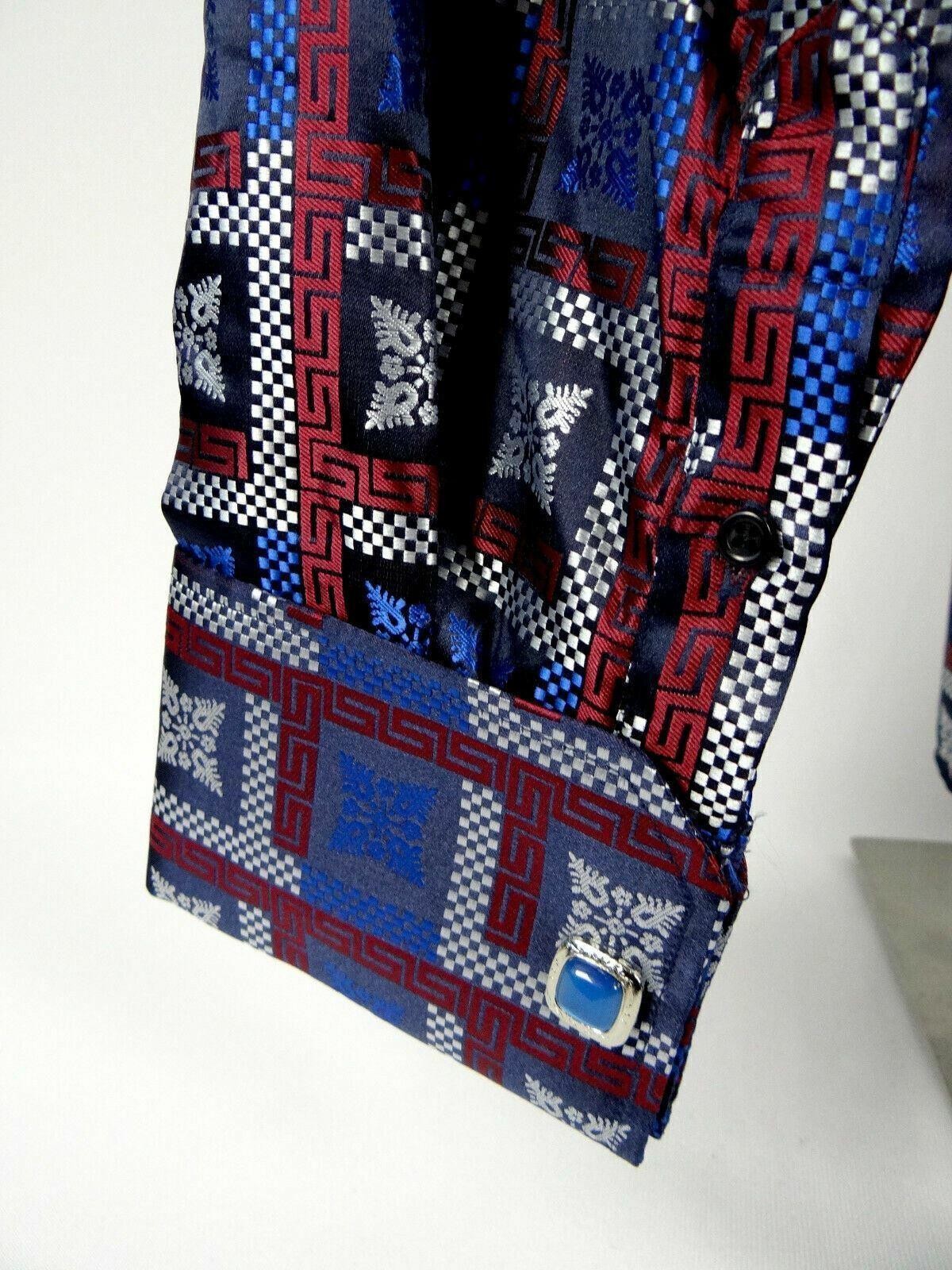 Mens Manzini Shirt Blue Silver Burgundy Italian Florals Cuff Links Button Front