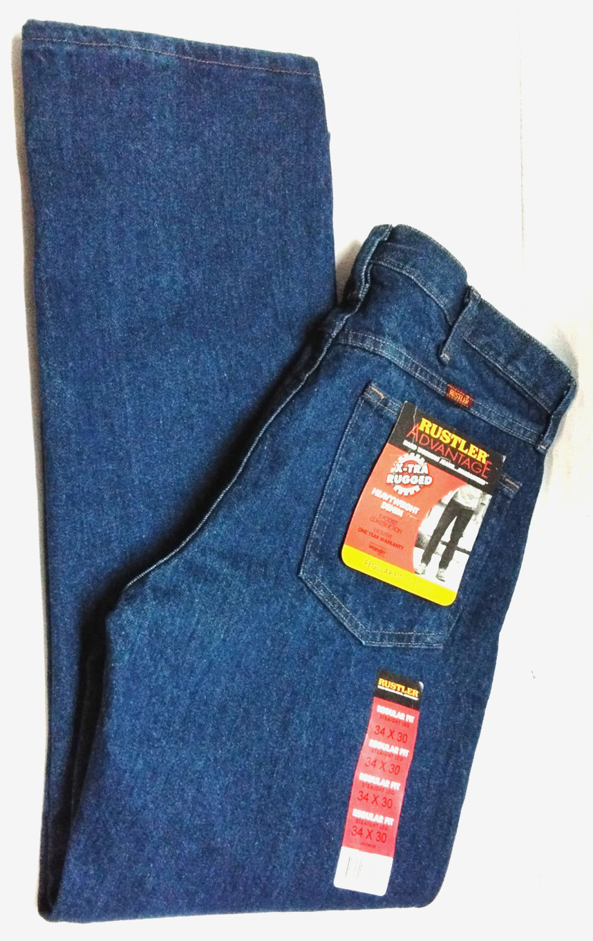 Men’s 34X30 RUSTLER by Wrangler Blue Jeans Straight Regular Fit NWT