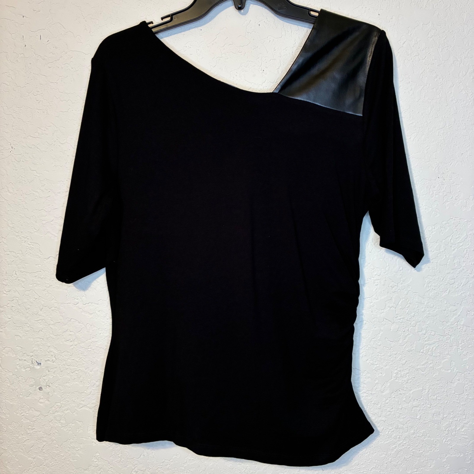 INC Black Faux Leather Trim Top Asymmetrical Neckline Goth Women Medium Party
