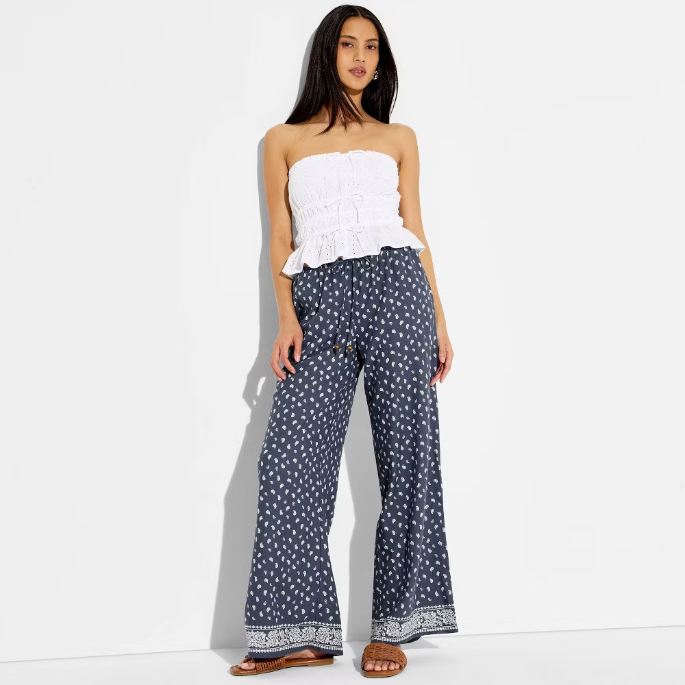 Women Low-Rise Baggy Leg Linen Pull-On Pants – Wild Fable Navy Blue