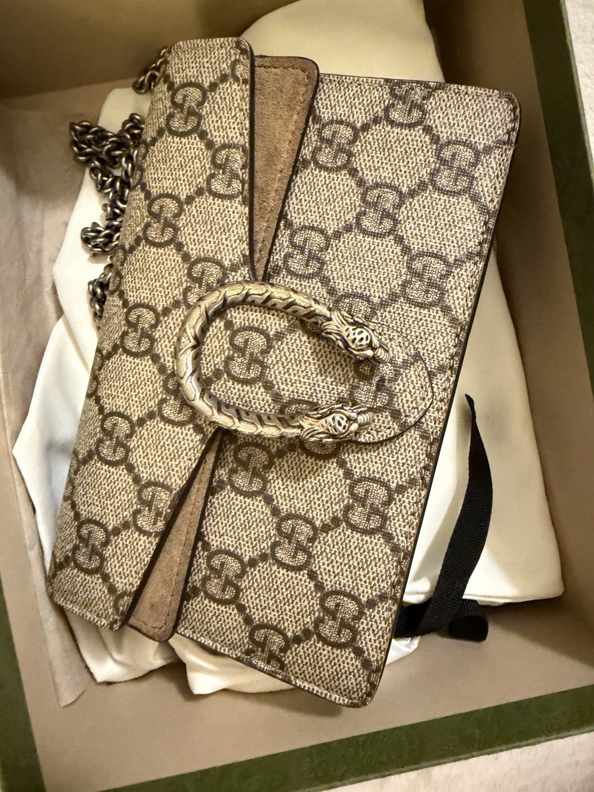 Gucci GG Monogram Wallet on Chain Shoulder Bag Snap Closure Beige Brown