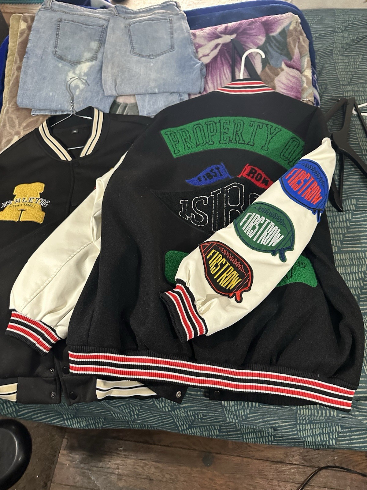 Men’s Black/White Varsity Jacket Snap Button Front Embroidered Patches