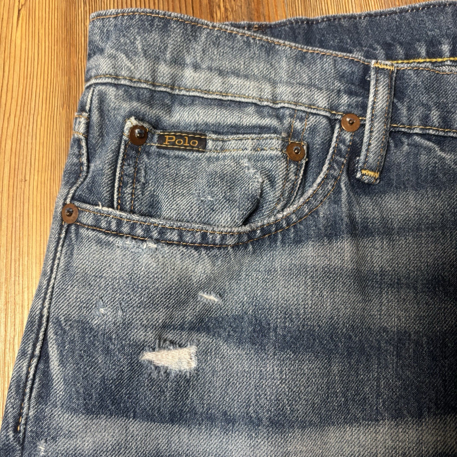 Polo Ralph Lauren Men’s The Sullivan Slim Patchwork Distress Blue Jeans 34×34