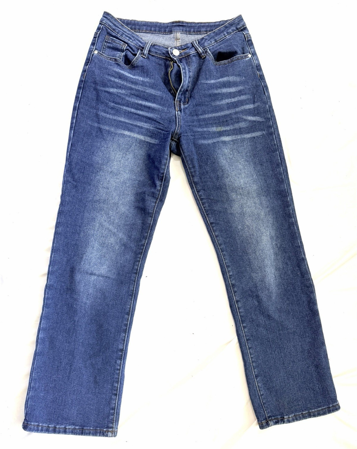 SHEIN Women’s Blue Denim Slim Straight Medium Wash 5-Pocket Zip Button Jeans