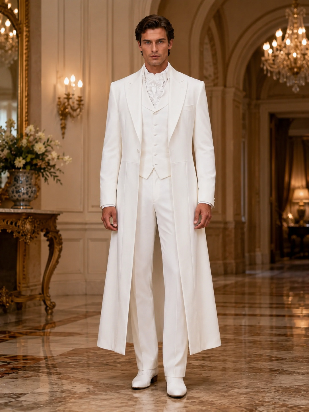 Mens White Long Tailcoat 3 Piece Tuxedo Suit Wedding Groom Prom Formal Outfits