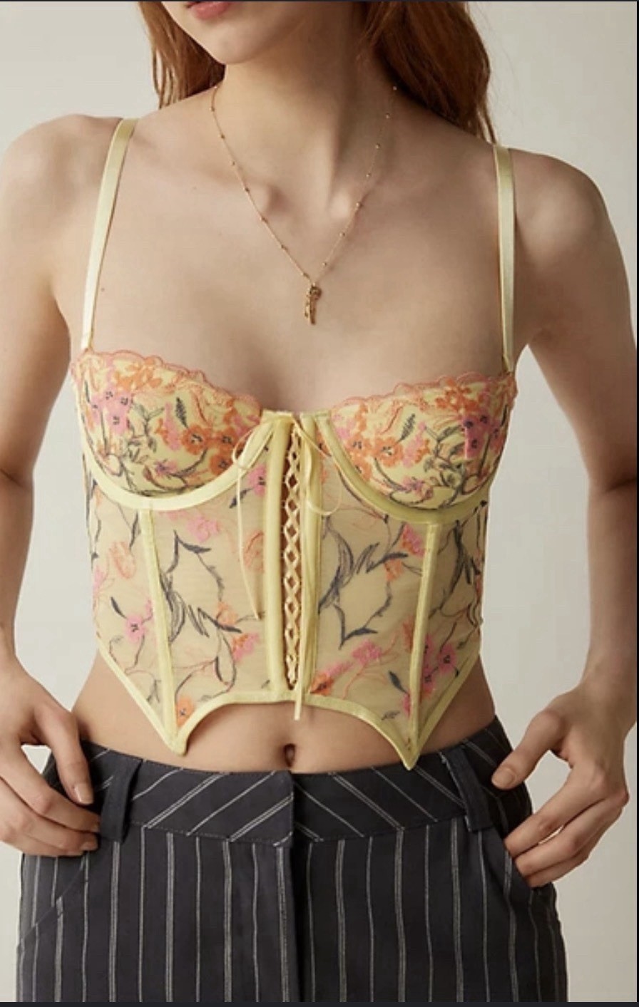Flora Embroidered Bustier Top In Yellow, Women’s At Urban Outfitters Size M (