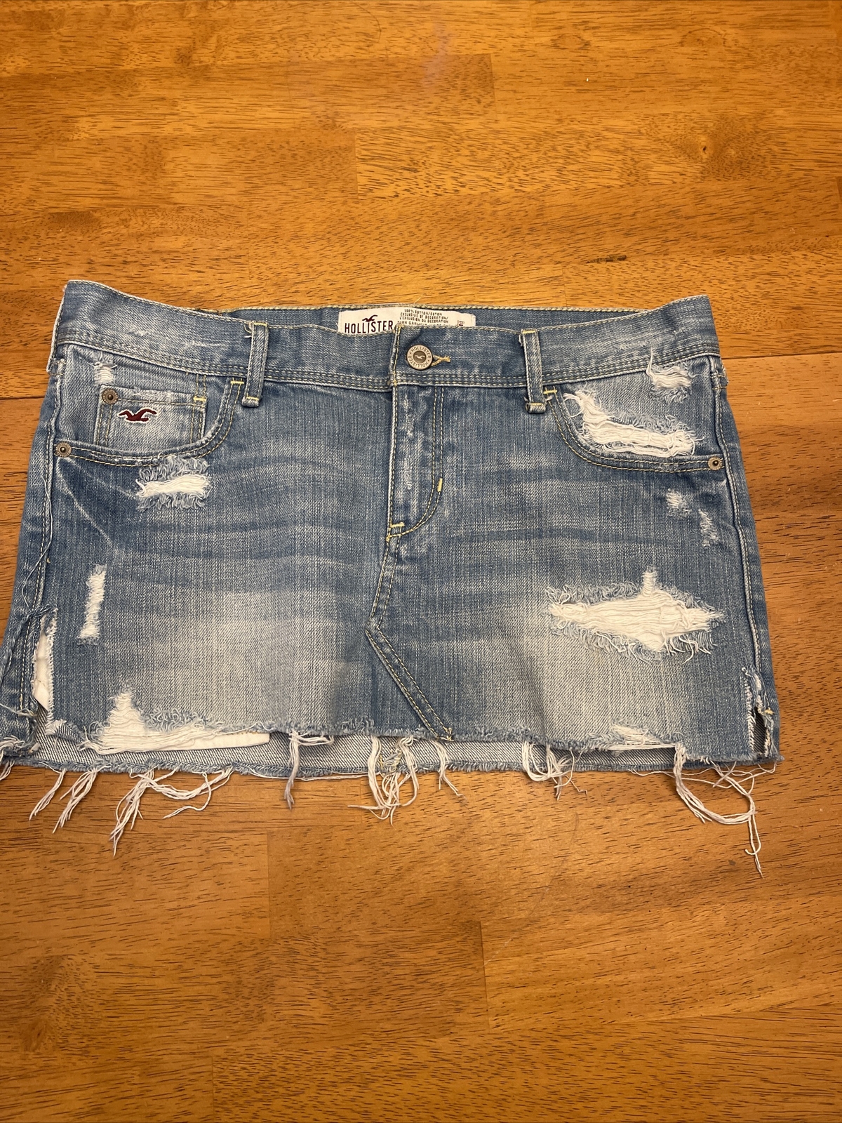 Hollister Womens Sz 5denim Jean Skirt 16” Wst Flat 11 1/4” Wst To Hem Distressed