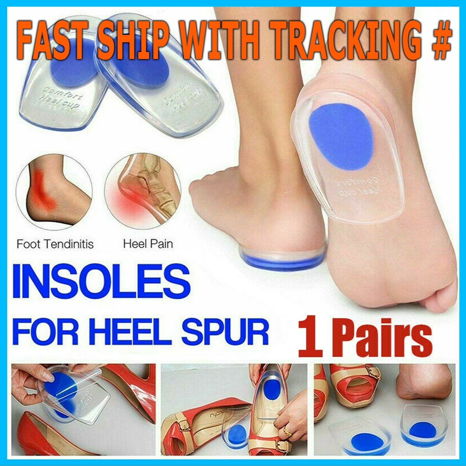 1 Pair Heel Support Gel Silicone Cushion Orthotic Insole Plantar Care Heel Cups