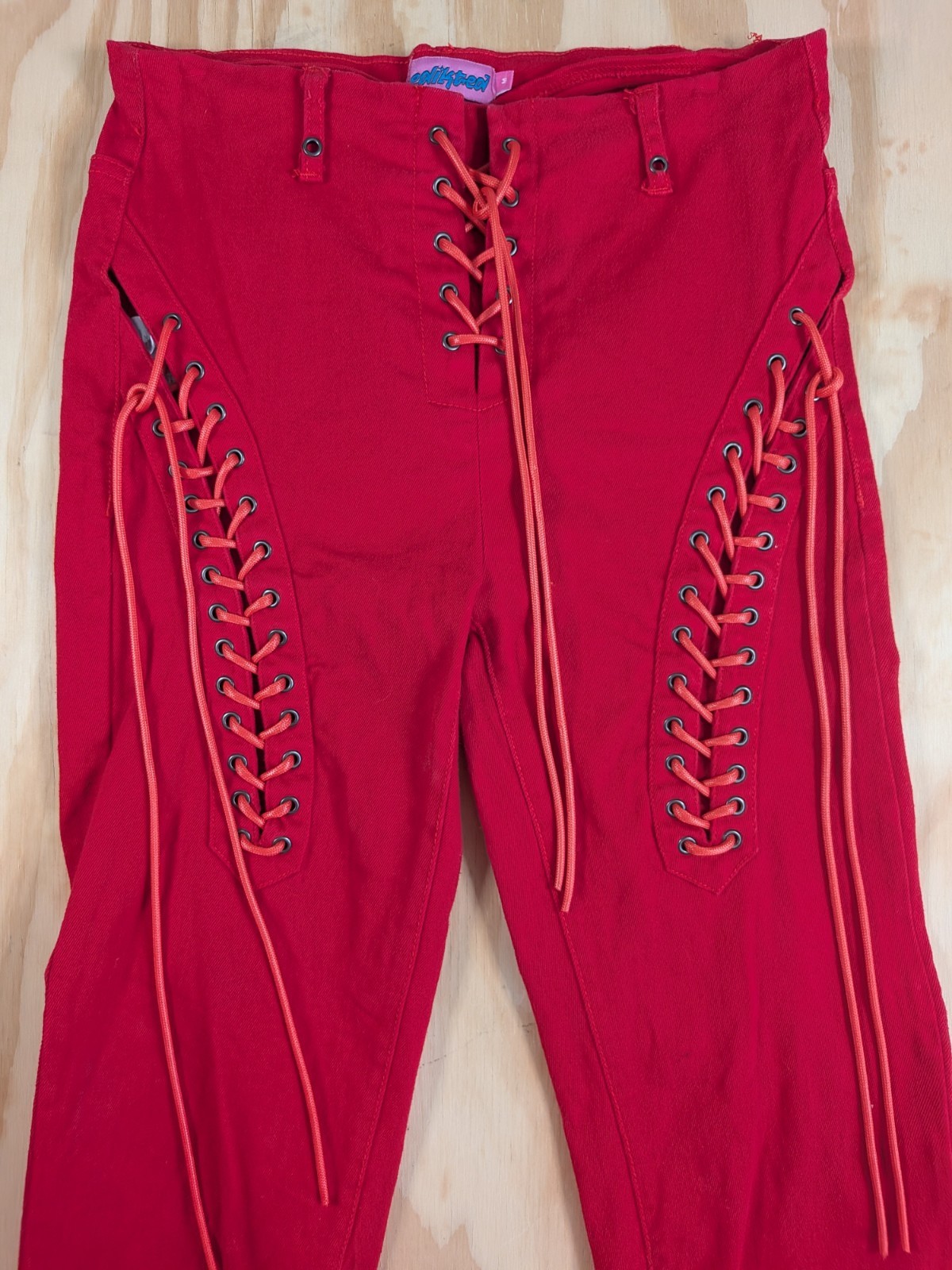 Edikted Engine Red Lace Up Flare Jeans Y2K Style Size M Grommet Tie Detail