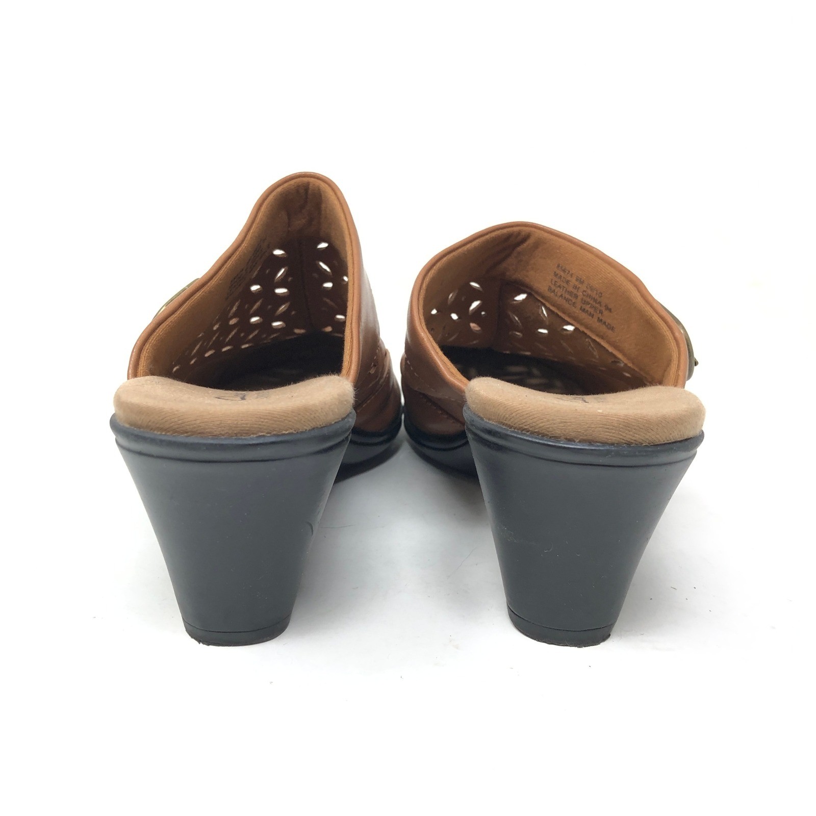 Clarks Womens 9 Bendables Caraway Star Mules Tan Leather Laser Cut Block Heel
