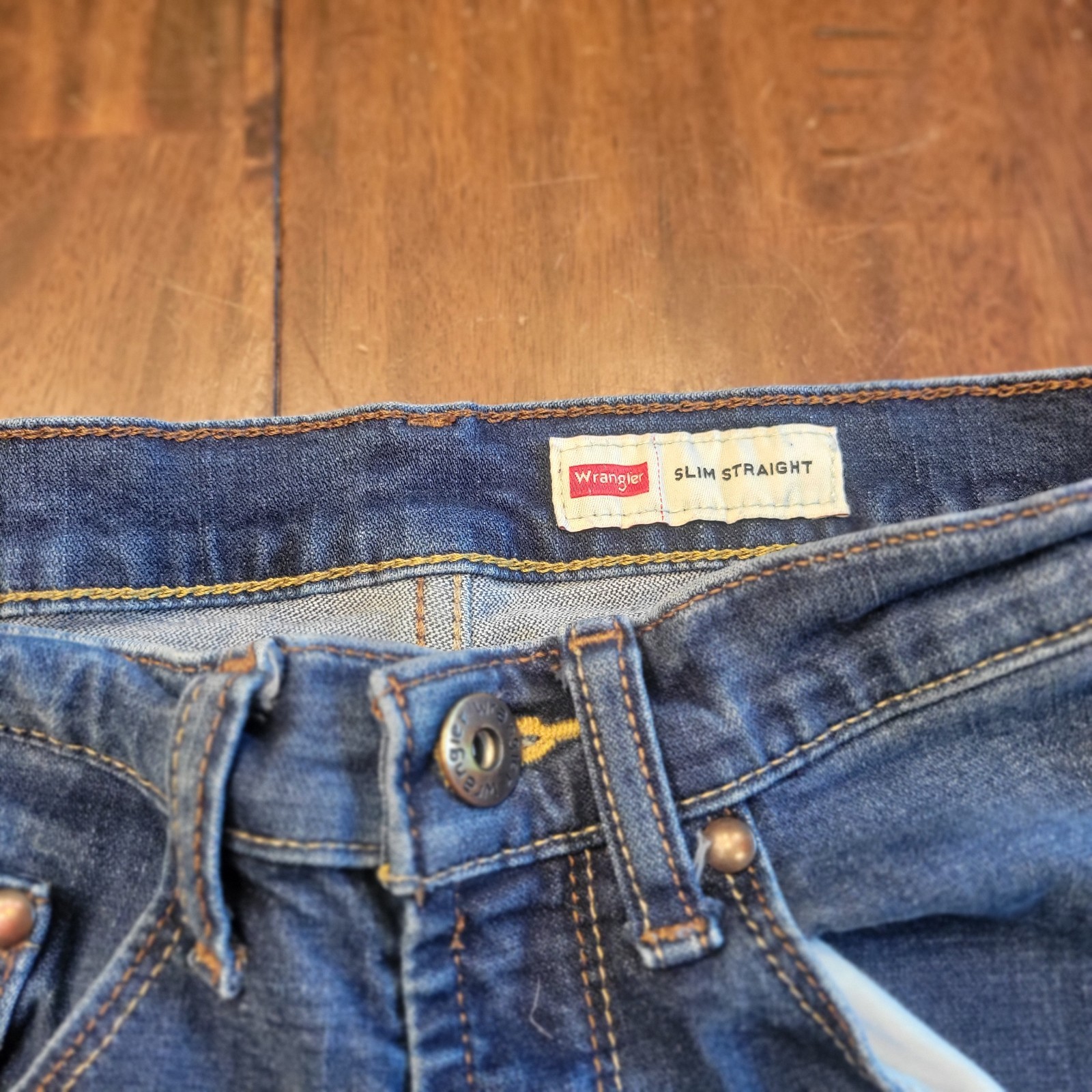 Wrangler Jeans Mens 29×30 Blue Denim Cotton Stretch Logo Slim Fit Straight Leg
