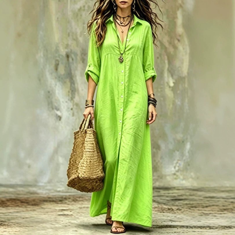 NEW Shirt-collar Floor-length Casual Simple Long Dress Sizes S-4XL