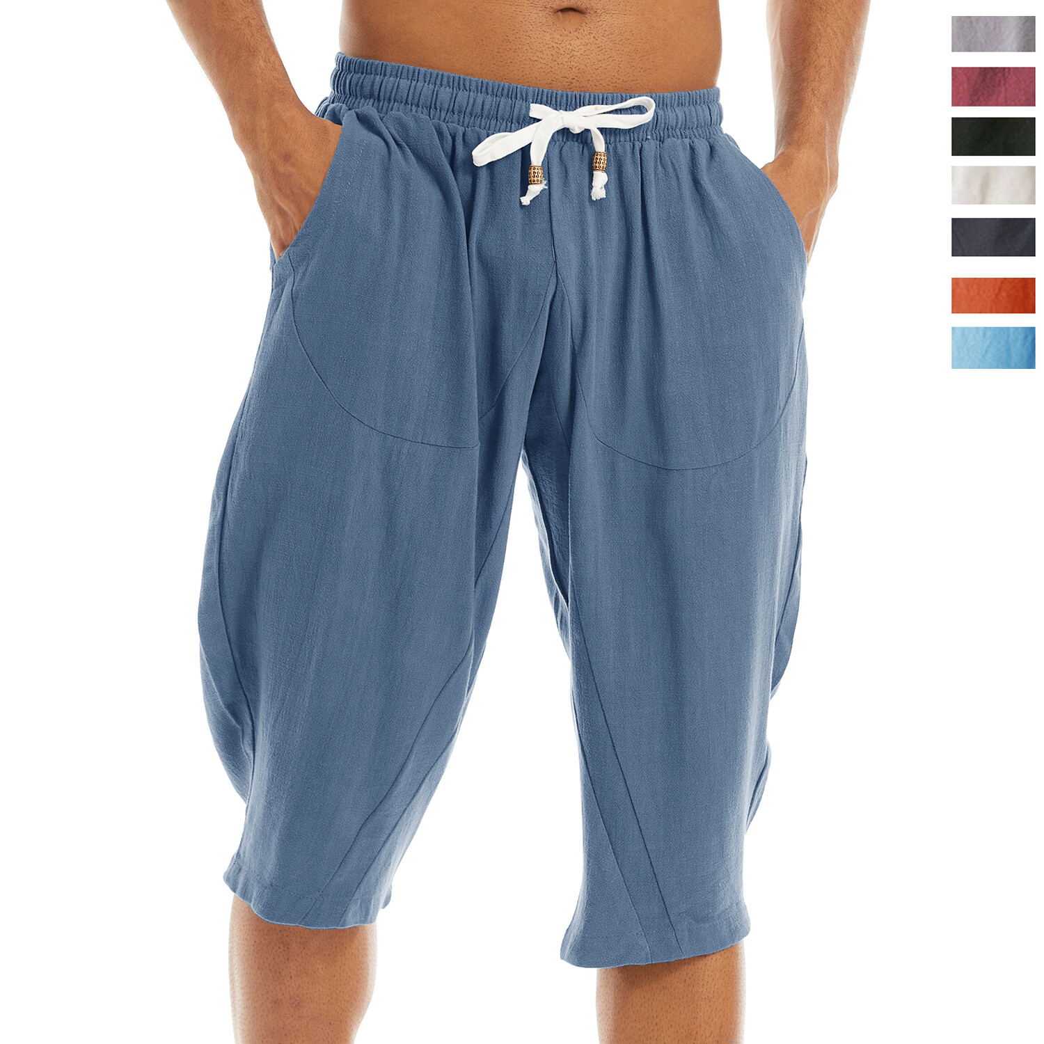 Men’s Cotton Linen Harem Shorts Below Knee Baggy Capri Yoga Fitness Casual Pants