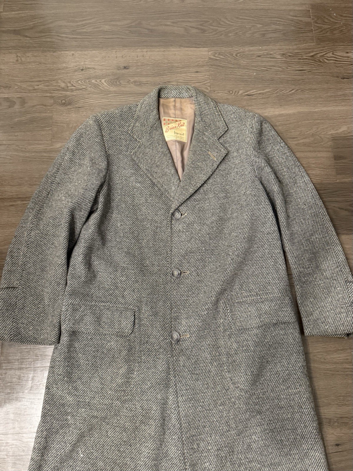 VTG 50s Briar Knit Wool Knitted Fabric Gray Tweed Overcoat Around Medium