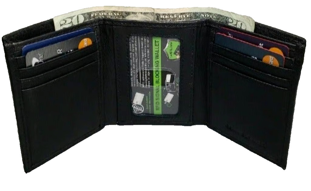 Men’s Genuine Leather RFID Security Black Trifold Wallet with Inside Zipper Box