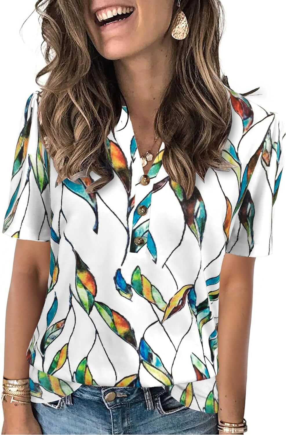 Short Sleeve Womens Casual Shirt Loose Fit V Neck Summer Top Soft Breathable