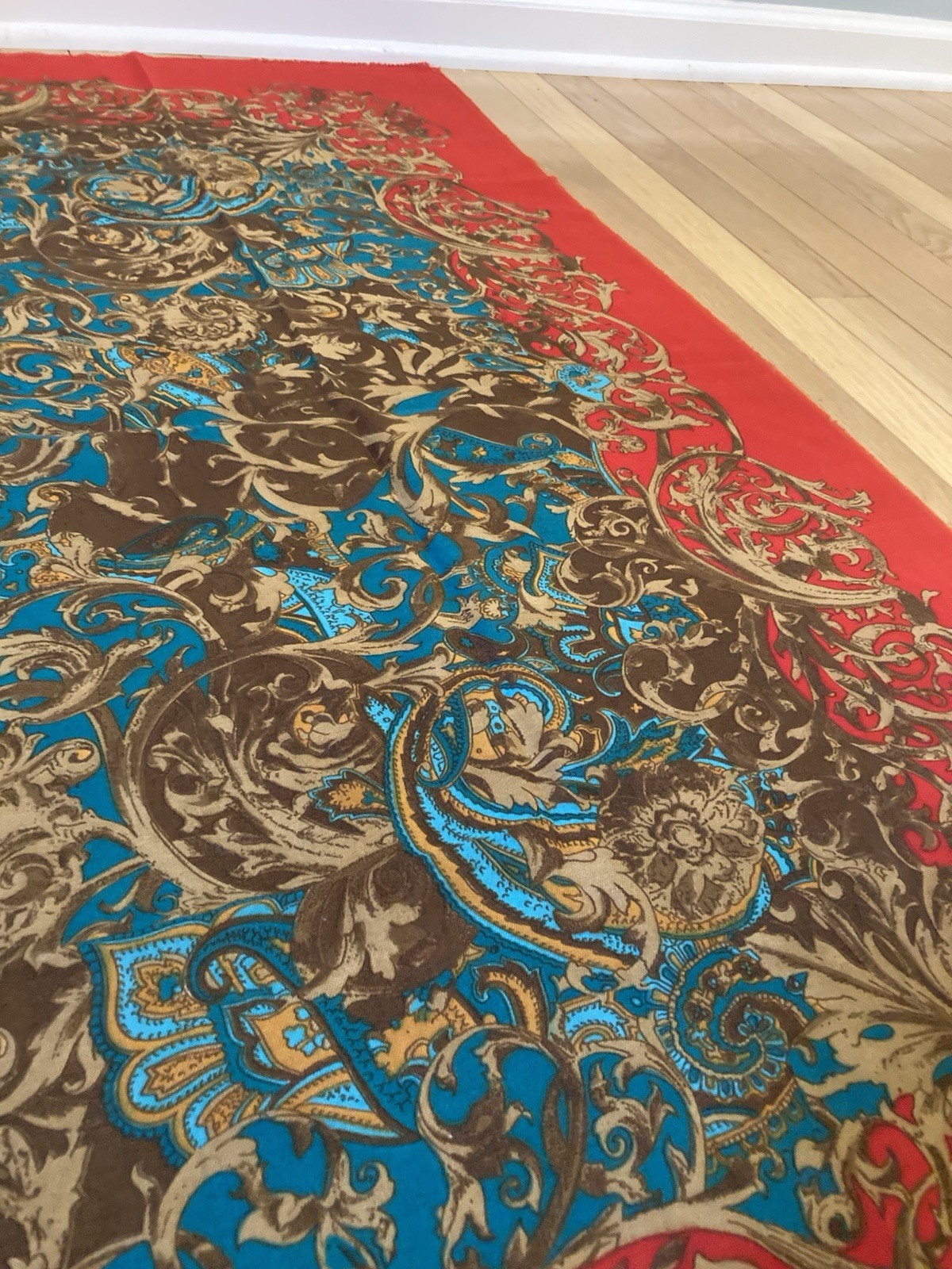 Vintage AS Made in Turkiye Scarf Shawl 46″ Square Red Blue Baroque Floral Large