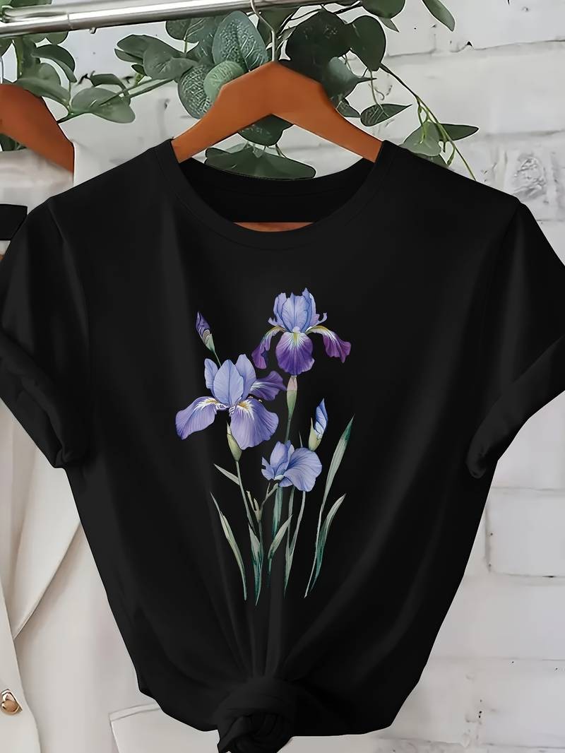 Women Flower Print Graphic T-Shirt Casual Short Sleeve Crew Neck Cotton Tee US√