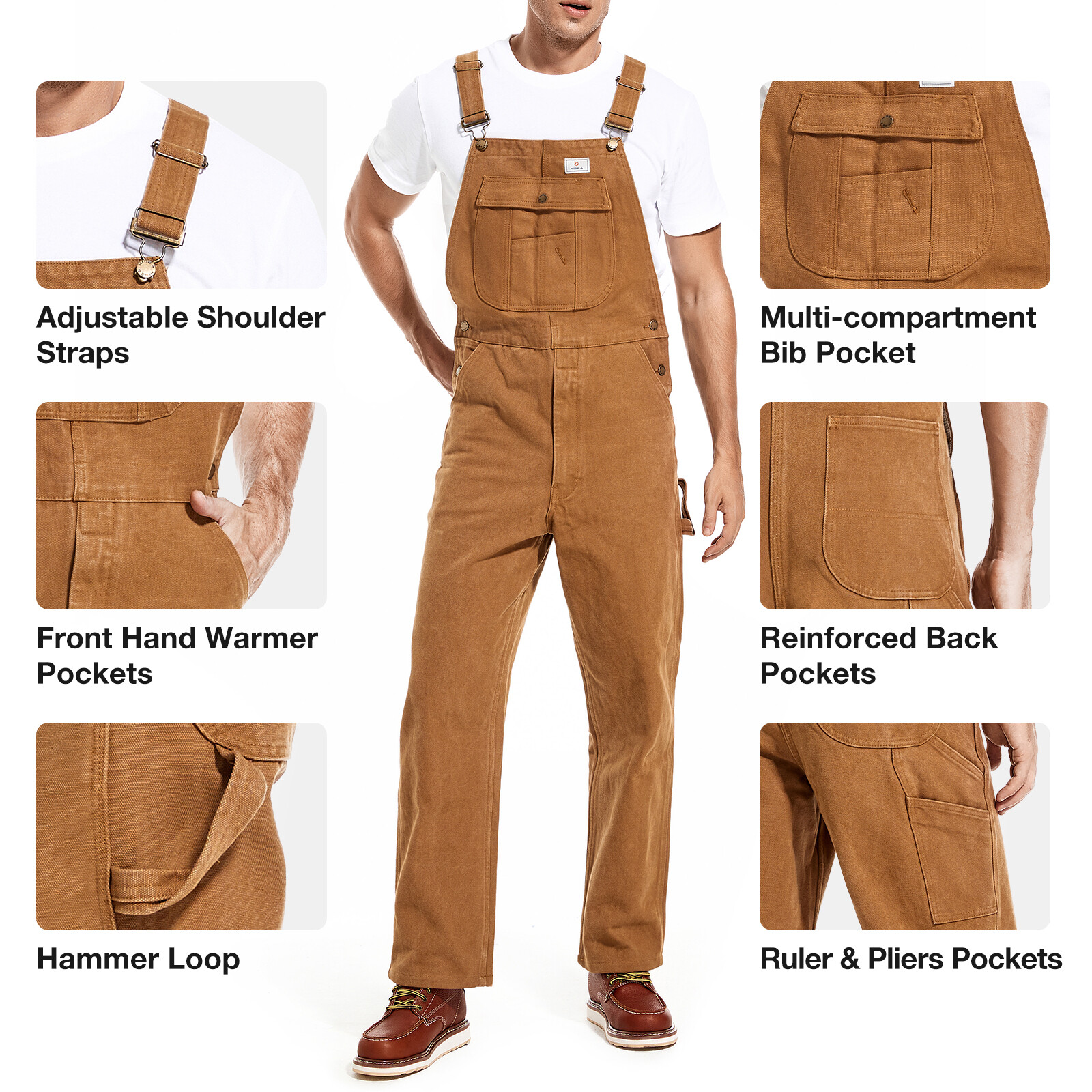 HISEA Men Heavy Duty Bib Overalls Relaxed Fit Dungarees Workwear Pants Jumpsuit