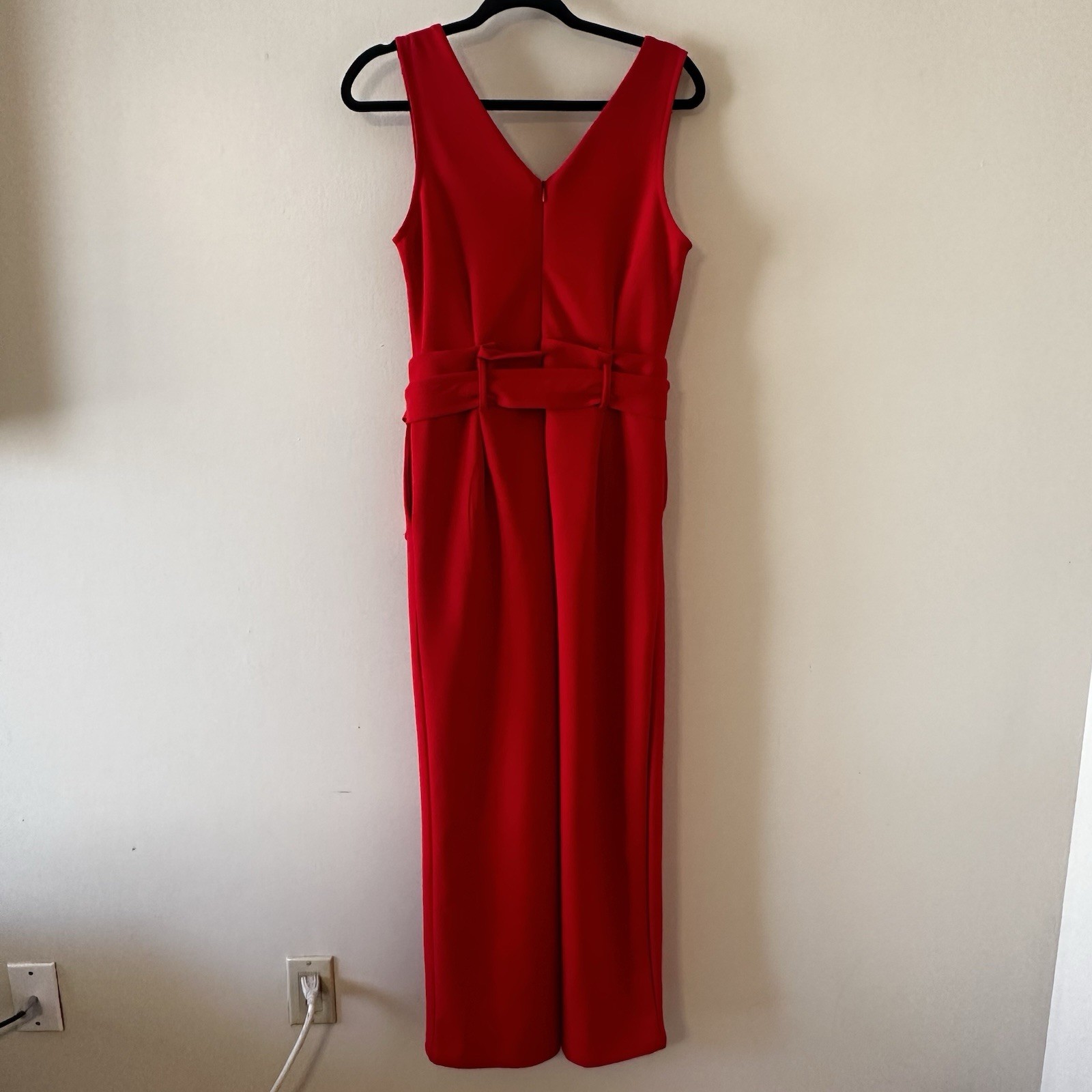 Anthropologie Red Cathy Wide Leg Jumpsuit Waist Tie Zipper Deep V Neck Small *R*