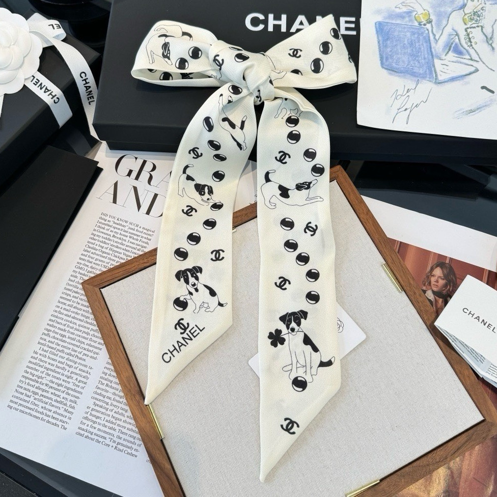 CHANEL Silk Hair Ribbon Bow – White/Black Printed Logo Pattern