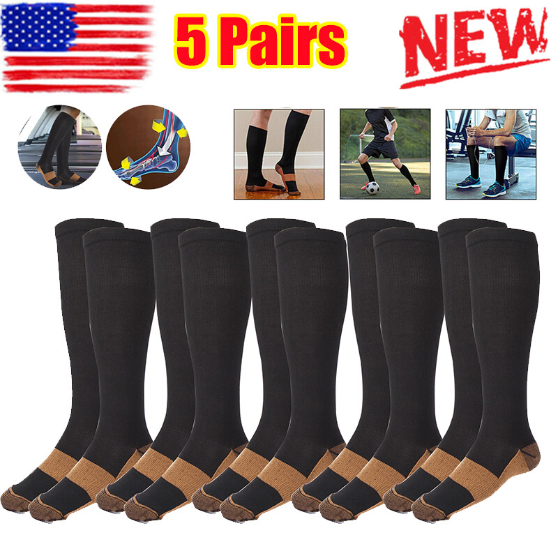 5 Pairs Copper Compression Socks 20-30mmHg Graduated Support Mens Womens S/M-XXL