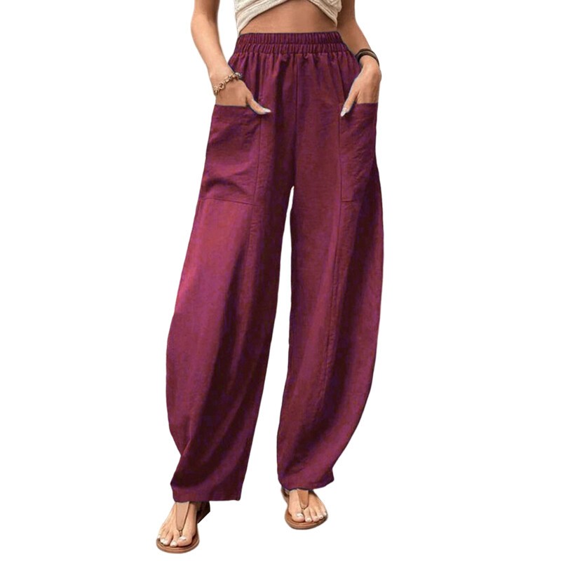 Summer Womens Cotton Linen Breathable Baggy Harem Pants Elastic Waist Trousers
