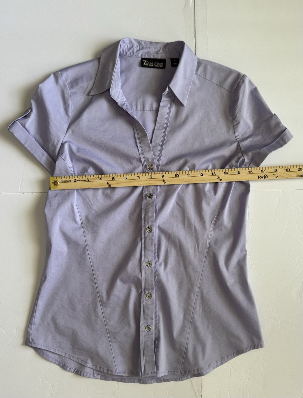 7th Avenue NYC S Lavender Button Front Blouse Top Stretch Work Shirt Short Sleev